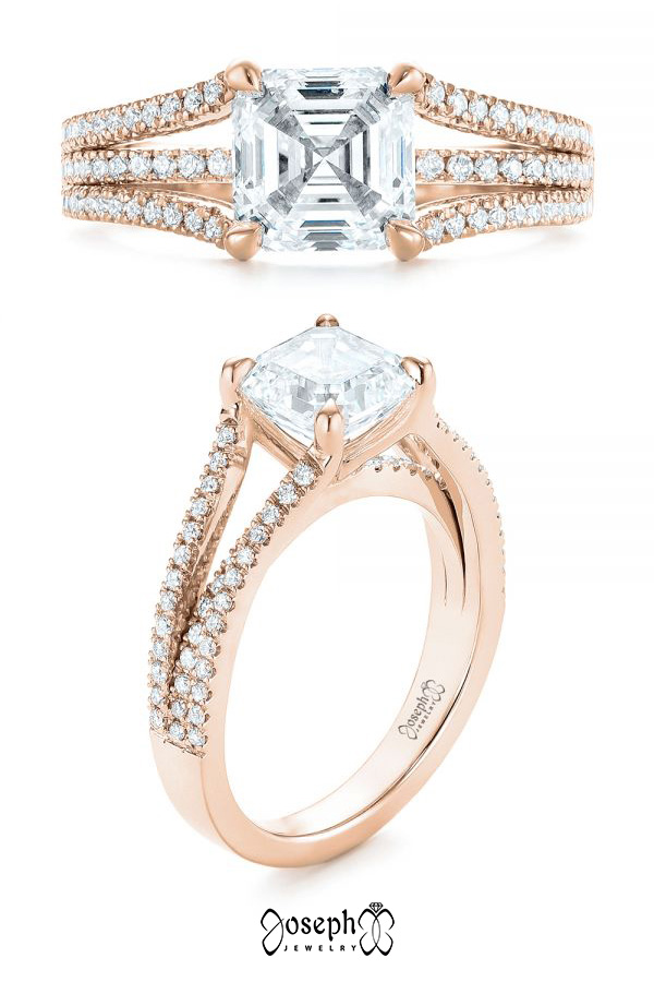 14k Rose Gold Custom Split Shank Asscher Diamond Engagement Ring