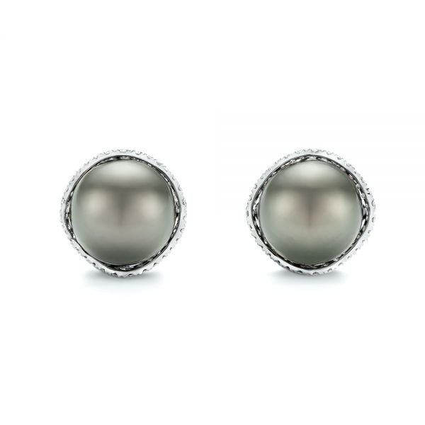 Black Tahitian Pearl and Diamond Earring Studs - Image