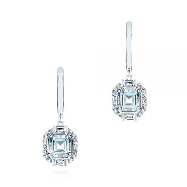 Step Cut Aquamarine and Diamond Drop Earrings - Image