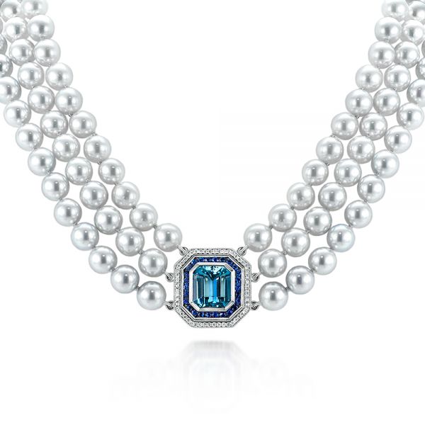 Custom Pearl, Aquamarine, Blue Sapphire and Diamond Necklace - Image