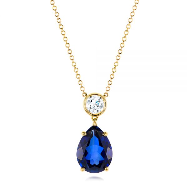 Custom Yellow Gold Blue Sapphire and Diamond Pendant - Image