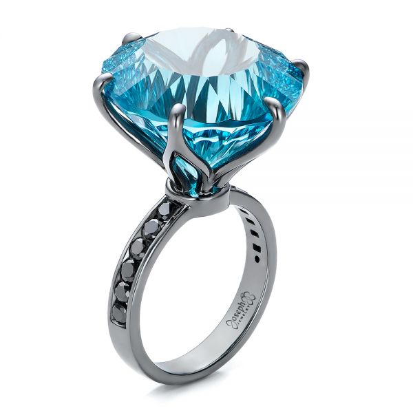 Custom Blue Topaz and Black Diamond Fashion Ring - Image
