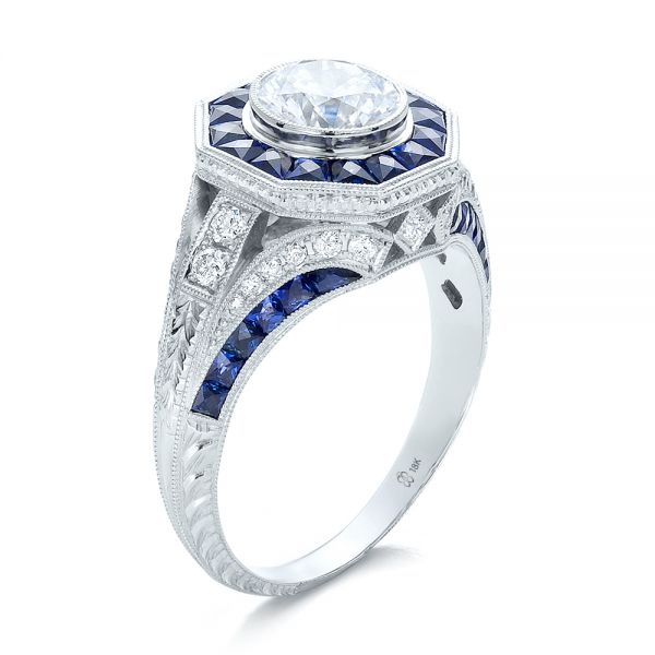 Art Deco Style Blue Sapphire Halo And Diamond Engagement Ring - Three-Quarter View -  100386