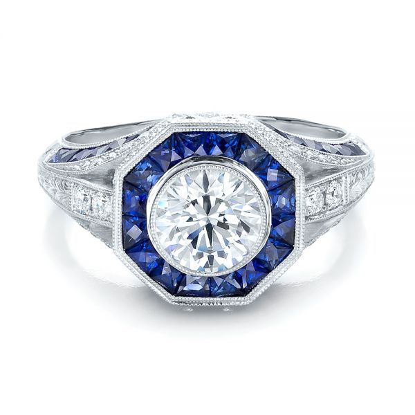 Art Deco Style Blue Sapphire Halo And Diamond Engagement Ring - Flat View -  100386
