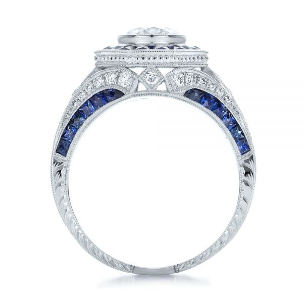 Art Deco Style Blue Sapphire Halo And Diamond Engagement Ring - Front View -  100386