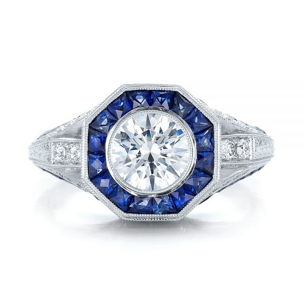 Art Deco Style Blue Sapphire Halo And Diamond Engagement Ring - Top View -  100386