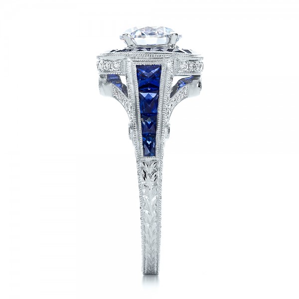 Art Deco Style Blue Sapphire Halo and Diamond Engagement Ring - Seattle