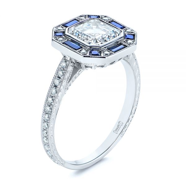 Blue Sapphire and Diamond Halo Engagement Ring - Image