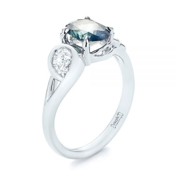 Platinum Custom Blue-green Sapphire And Diamond Engagement Ring - Three-Quarter View -  103450