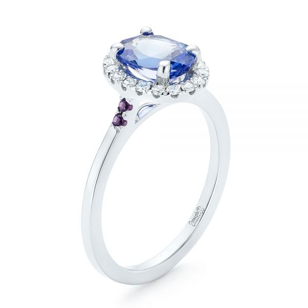 Custom Blue Sapphire, Amethyst and Diamond Halo Engagement Ring - Image