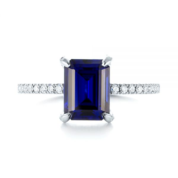 14k White Gold Custom Blue Sapphire And Diamond Engagement Ring - Top View -  103509