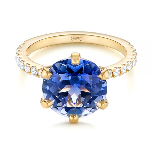 14k Yellow Gold Custom Blue Sapphire And Diamond Engagement Ring - Flat View -  103545