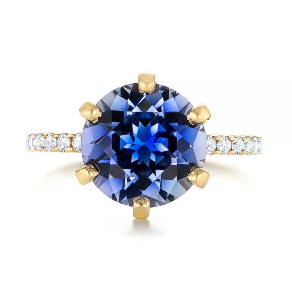14k Yellow Gold Custom Blue Sapphire And Diamond Engagement Ring - Top View -  103545