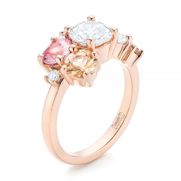 14k Rose Gold Custom Cluster Set Diamond And Sapphire Engagement Ring - Three-Quarter View -  102855