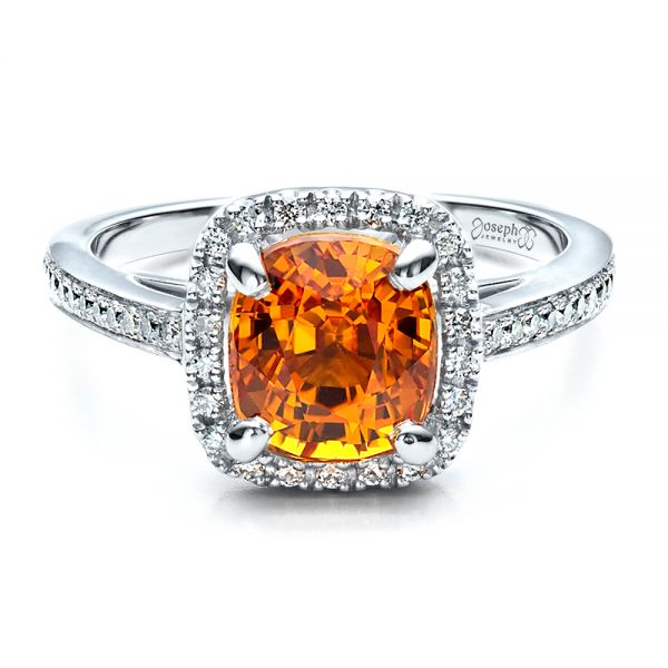  Platinum Custom Diamond And Orange Sapphire Engagement Ring - Flat View -  1452