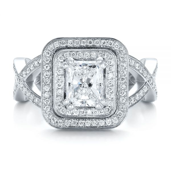 18k White Gold Custom Double Halo Diamond Engagement Ring - Top View -  100598