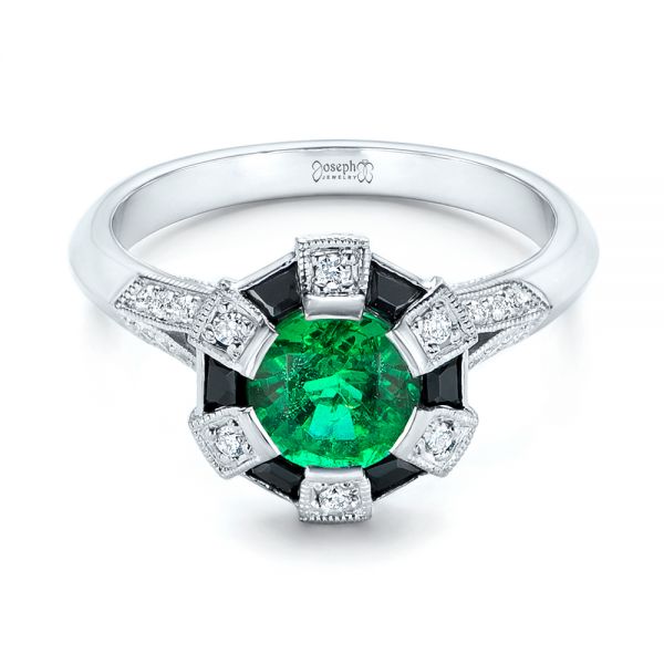 14k White Gold Custom Emerald Black And White Diamond Engagement Ring - Flat View -  103208