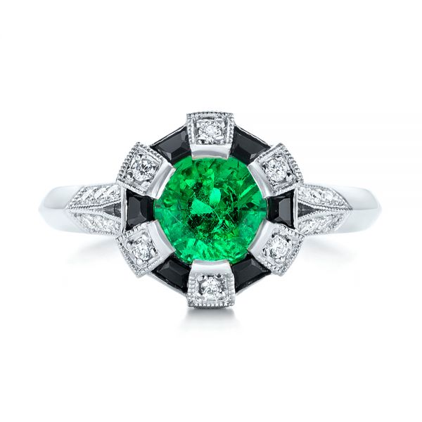 14k White Gold Custom Emerald Black And White Diamond Engagement Ring - Top View -  103208