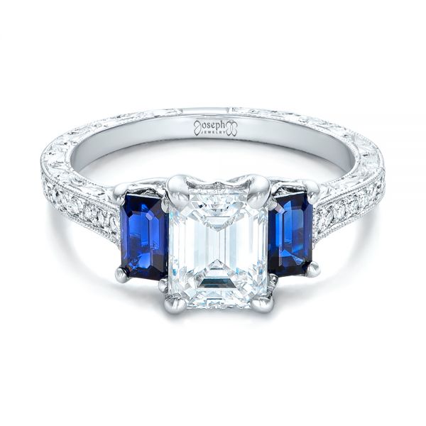  Platinum Custom Engraved Blue Sapphire And Diamond Engagement Ring - Flat View -  102110