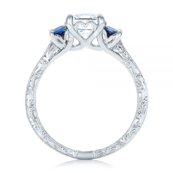 Platinum Custom Engraved Blue Sapphire And Diamond Engagement Ring - Front View -  102110