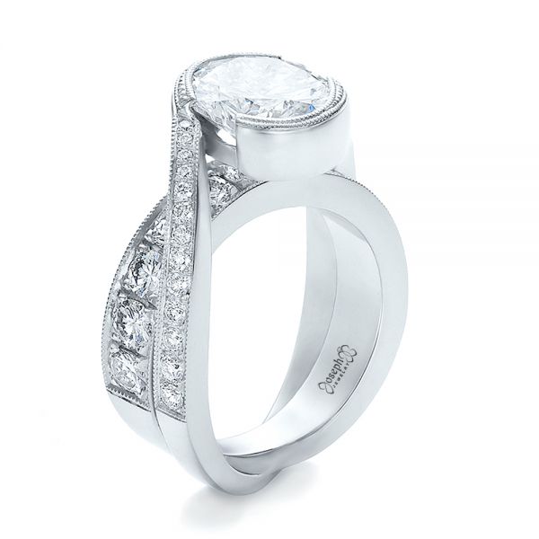 14k White Gold Custom Interlocking Diamond Engagement Ring - Three-Quarter View -  100615