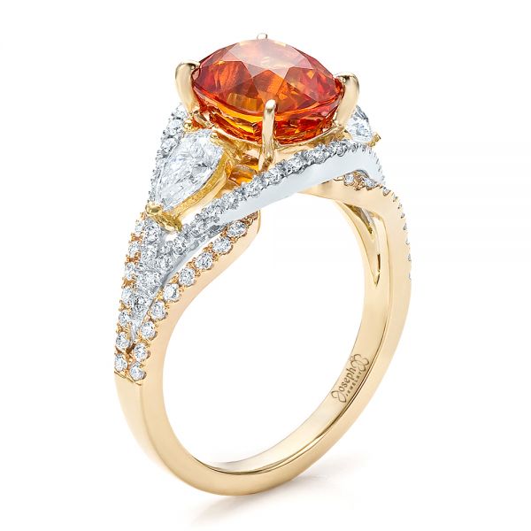 14k Yellow Gold And 14K Gold Custom Orange Sapphire Engagement Ring - Three-Quarter View -  100117