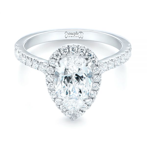 18k White Gold Custom Pear Shaped Diamond Halo Engagement Ring - Flat View -  104780