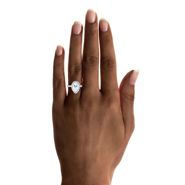 18k White Gold Custom Pear Shaped Diamond Halo Engagement Ring - Hand View #2 -  104780