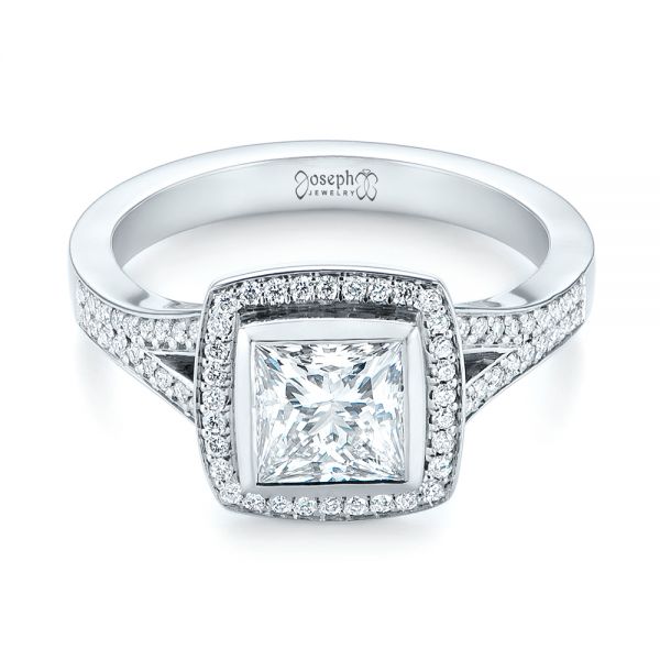 14k White Gold Custom Princess Cut Diamond Halo Engagement Ring - Flat View -  104782