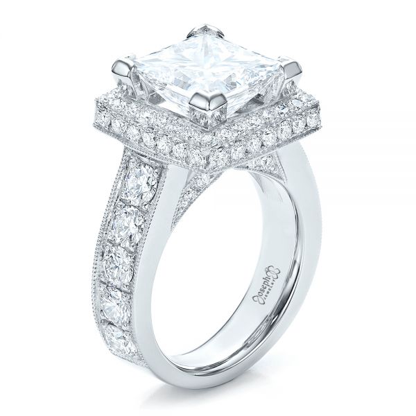  Platinum Custom Princess Cut And Halo Engagement Ring - Three-Quarter View -  100124