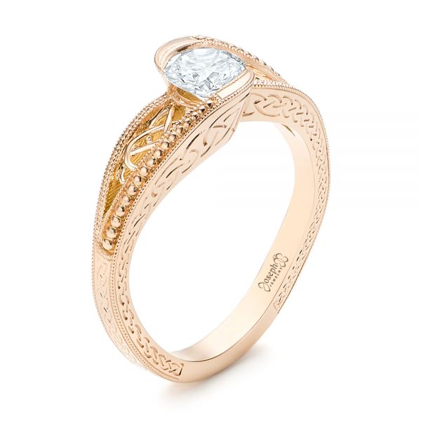 Custom Rose Gold Hand Engraved Solitaire Diamond Engagement Ring - Image