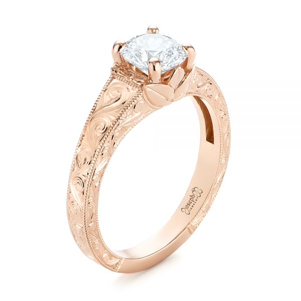 14k Rose Gold Custom Hand Engraved Tri Leaf Solitaire Diamond Engagement Ring - Three-Quarter View -  104829
