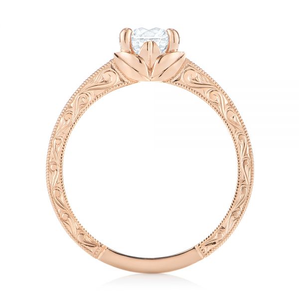 14k Rose Gold Custom Hand Engraved Tri Leaf Solitaire Diamond Engagement Ring - Front View -  104829