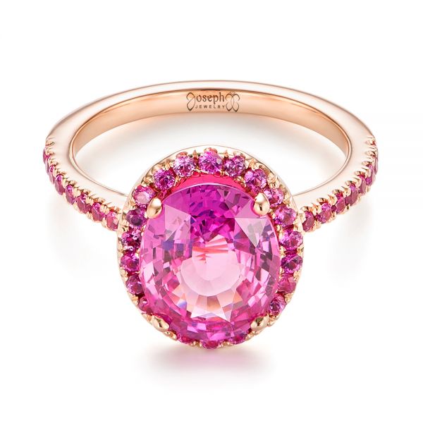 14k Rose Gold Custom Pink Sapphire Halo Engagement Ring - Flat View -  103630