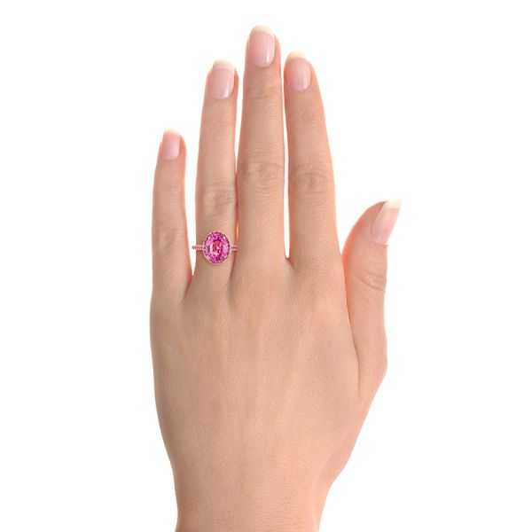 14k Rose Gold Custom Pink Sapphire Halo Engagement Ring - Hand View -  103630
