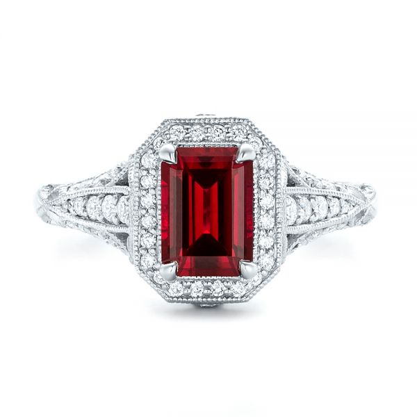  Platinum Custom Ruby And Diamond Halo Vintage Engagement Ring - Top View -  102729
