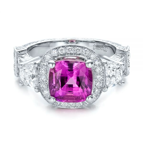 14k White Gold Custom Sapphire And Diamond Halo Engagement Ring - Flat View -  100270