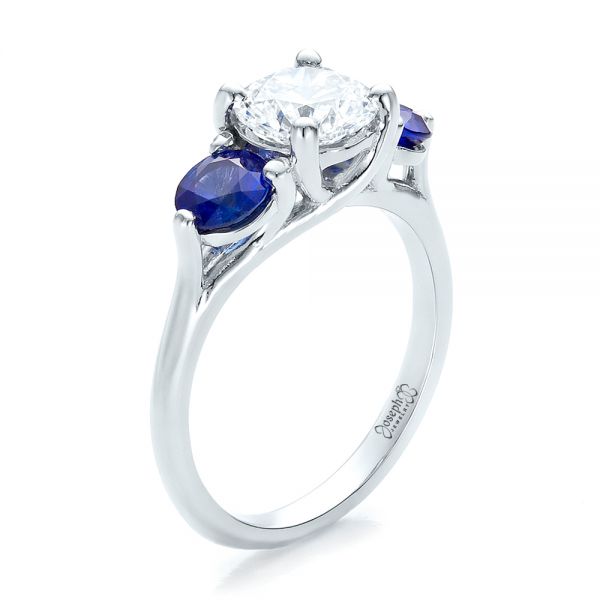  Platinum Custom Three Stone Diamond And Sapphire Engagement Ring - Three-Quarter View -  100483