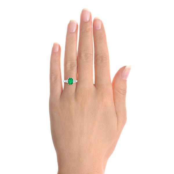18k White Gold Custom Three Stone Emerald And Diamond Engagement Ring - Hand View -  102741