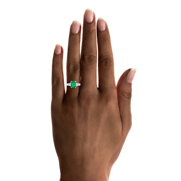 18k White Gold Custom Three Stone Emerald And Diamond Engagement Ring - Hand View #2 -  102741
