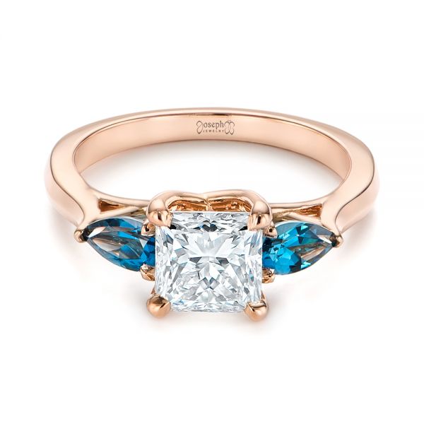 14k Rose Gold Custom Three Stone London Blue Topaz And Diamond Engagement Ring - Flat View -  104059