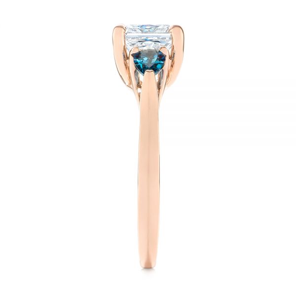 14k Rose Gold Custom Three Stone London Blue Topaz And Diamond Engagement Ring - Side View -  104059