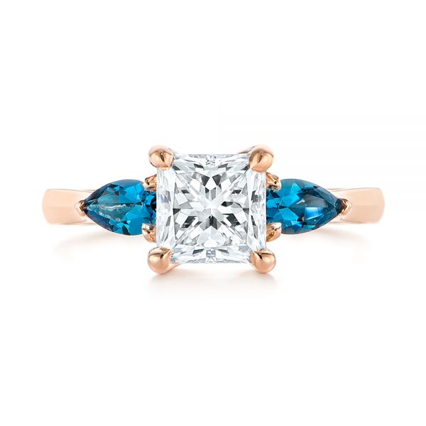 14k Rose Gold Custom Three Stone London Blue Topaz And Diamond Engagement Ring - Top View -  104059