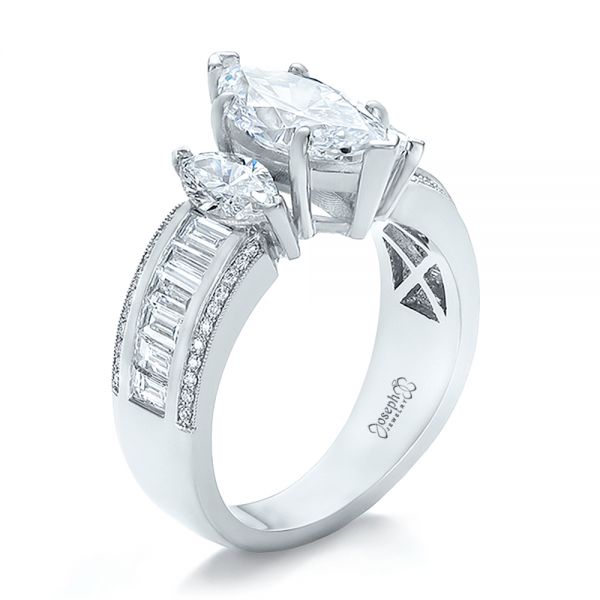  Platinum Custom Three Stone Marquise And Baguette Diamond Engagement Ring - Three-Quarter View -  100635