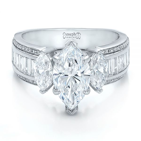  Platinum Custom Three Stone Marquise And Baguette Diamond Engagement Ring - Flat View -  100635