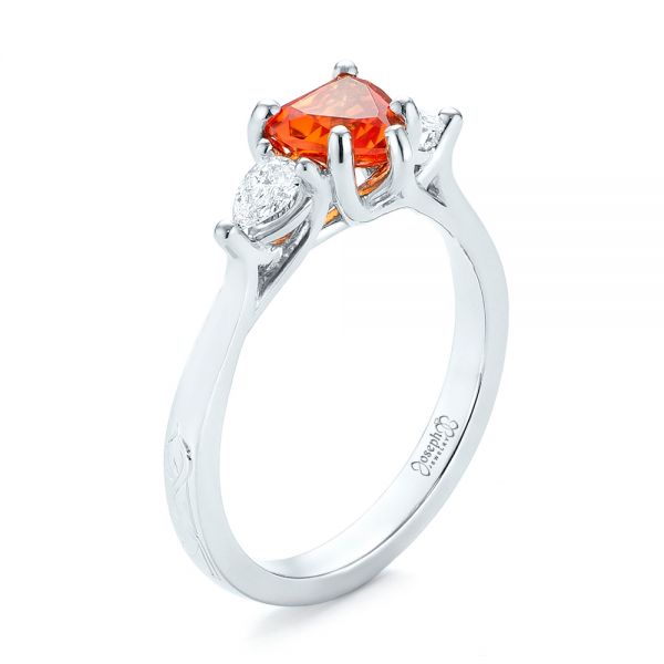Custom Three Stone Orange Sapphire and Diamond Engagement Ring - Image