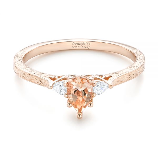 14k Rose Gold Custom Three Stone Morganite And Diamond Engagement Ring - Flat View -  102949