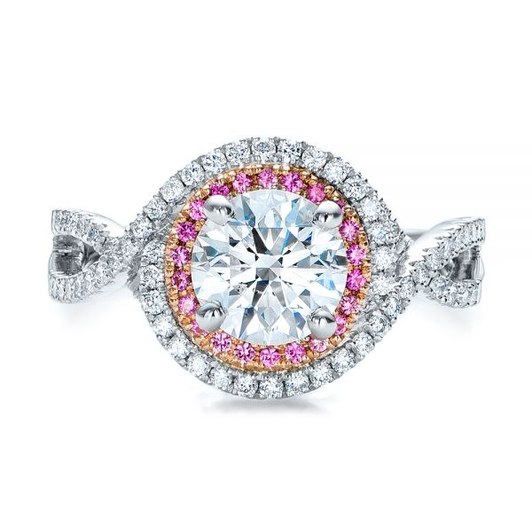 Custom Two-Tone Pink Sapphire and White Diamond Halo Engagement Ring - Image