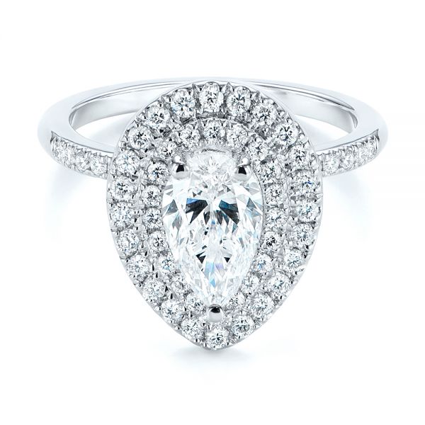 14k White Gold Dainty Double Halo Pear Diamond Engagement Ring - Flat View -  105121