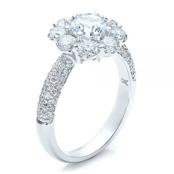 18k White Gold Diamond Halo Engagement Ring - Three-Quarter View -  100007